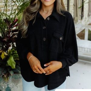 Black Oversized Textured Knit Henley Pullover